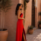 Vestido largo halter com abertura
