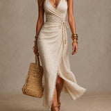 Tatiana | Vestido Midi em Linho Natural com Decote Cruzado e Renda