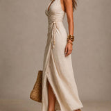 Tatiana | Vestido Midi em Linho Natural com Decote Cruzado e Renda