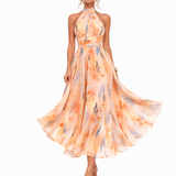 Aurora | Vestido com Decote Halter e Estampa Aguarela