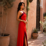 Vestido largo halter com abertura