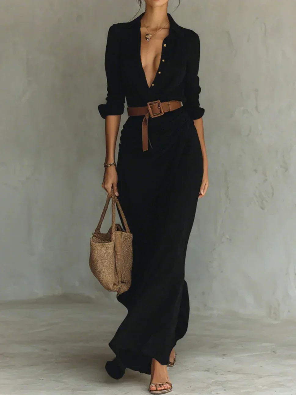 Camila | Maxi Vestido com Rever e Cintura na Cintura