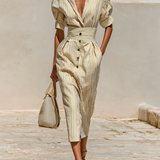 Robe Midi Rayée com Gola e Mangas Curtas