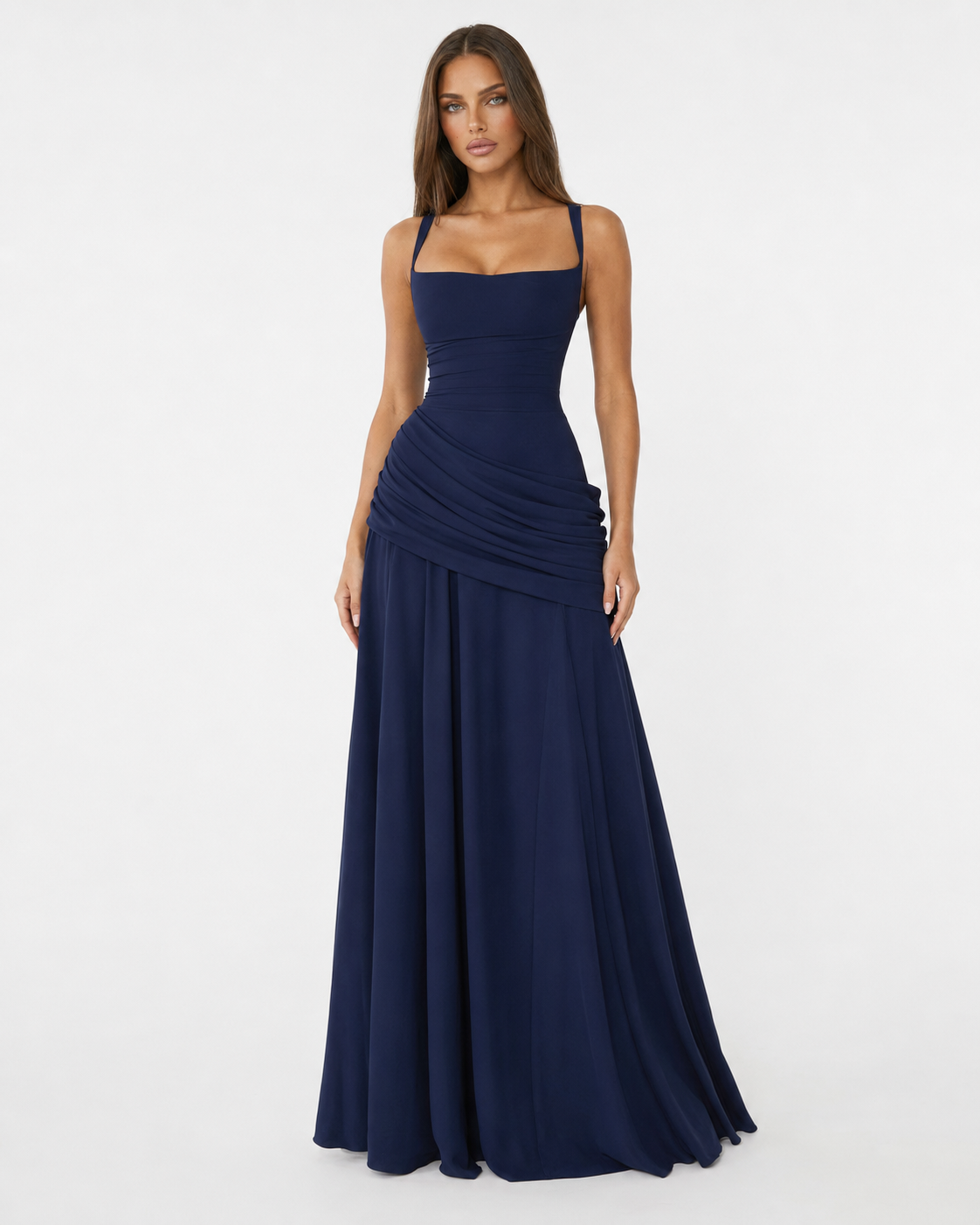 ENIE | Vestido Maxi com Decote Quadrado Pregueado