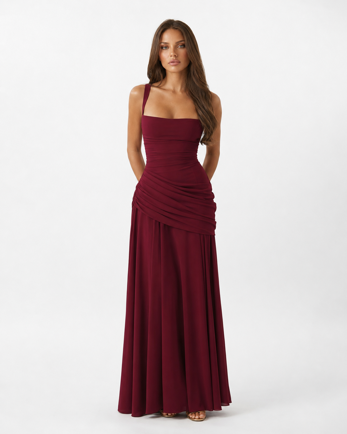 ENIE | Vestido Maxi com Decote Quadrado Pregueado