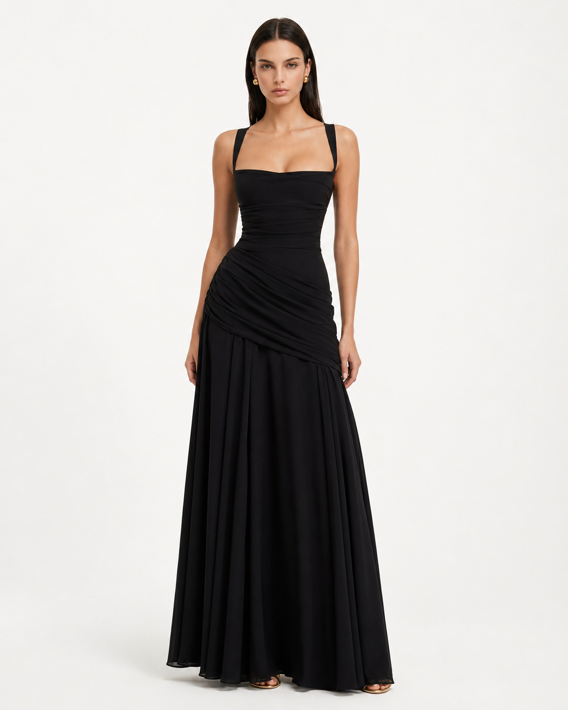 ENIE | Vestido Maxi com Decote Quadrado Pregueado