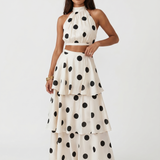 Conjunto top e saia longa de bolinhas