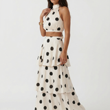 Conjunto top e saia longa de bolinhas