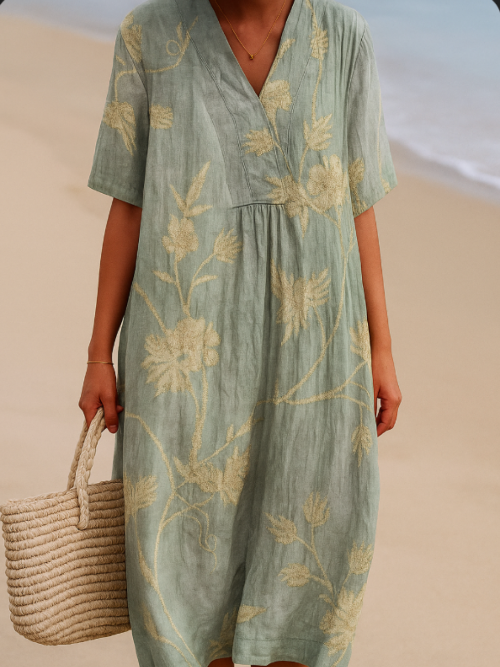 Clementina - Vestido Azul-Cinza com Bordado Floral