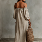 Carmen | Vestido longo em algodão e linho com design off-the-shoulder