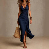 Tatiana | Vestido Midi em Linho Natural com Decote Cruzado e Renda