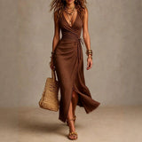 Tatiana | Vestido Midi em Linho Natural com Decote Cruzado e Renda