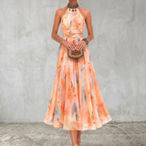 Aurora | Vestido com Decote Halter e Estampa Aguarela