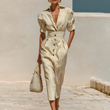 Robe Midi Rayée com Gola e Mangas Curtas