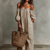 Carmen | Vestido longo em algodão e linho com design off-the-shoulder