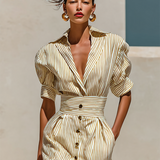 Robe Midi Rayée com Gola e Mangas Curtas