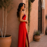 Vestido largo halter com abertura