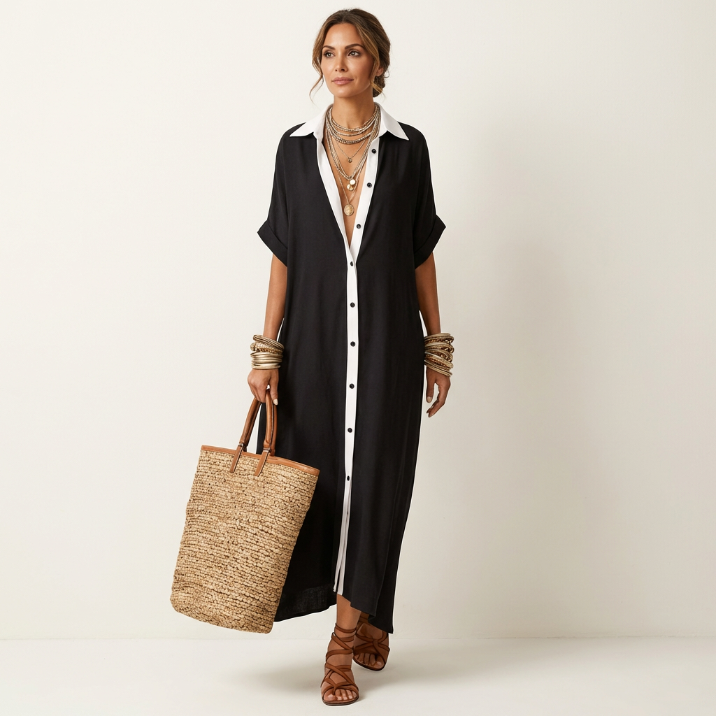 Alice | Maxi Robe Chemise com Col Contraste
