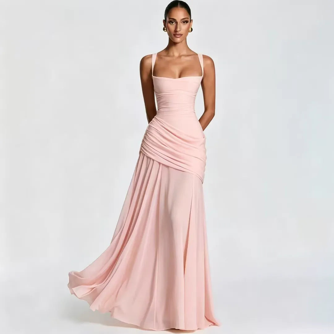 ENIE | Vestido Maxi com Decote Quadrado Pregueado