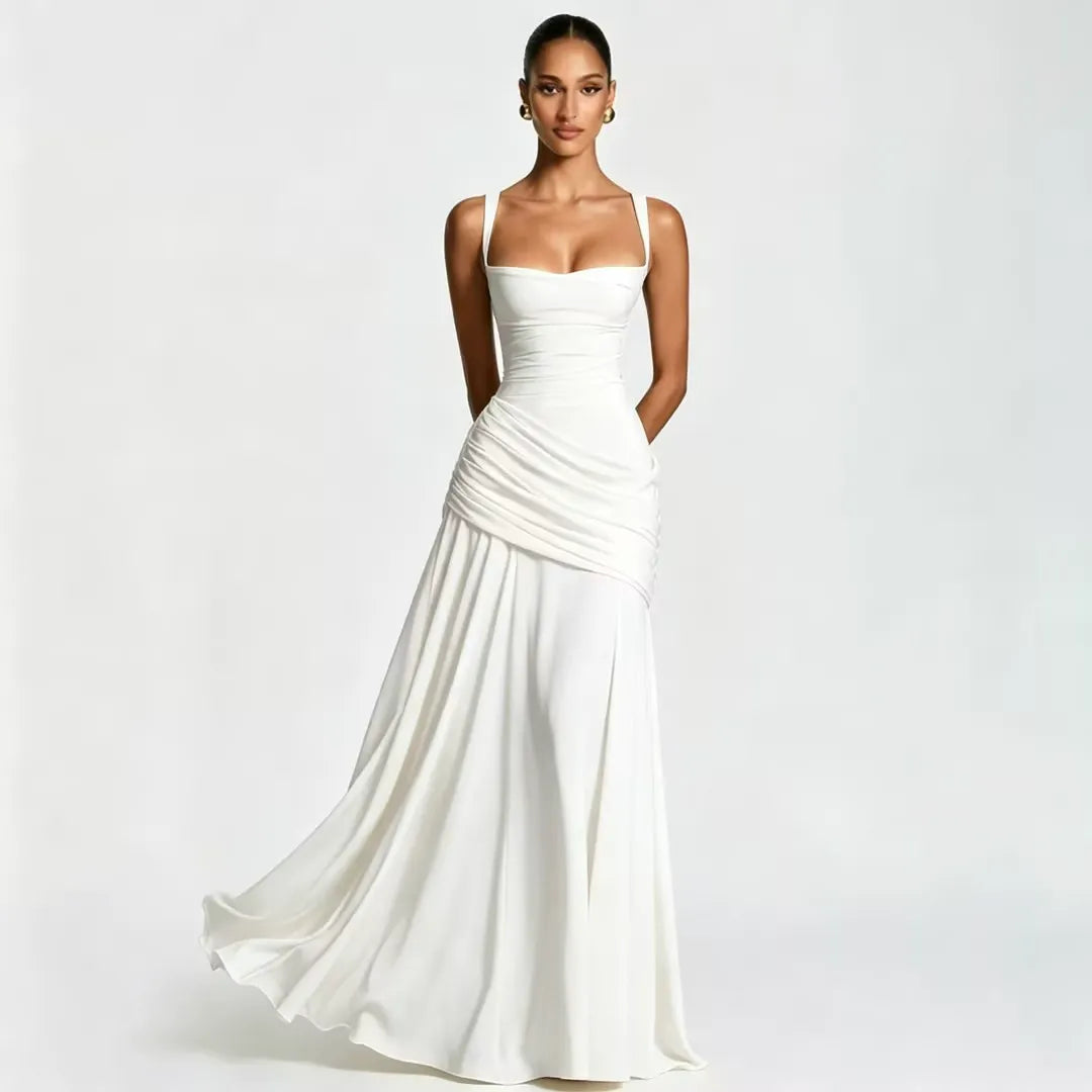 ENIE | Vestido Maxi com Decote Quadrado Pregueado