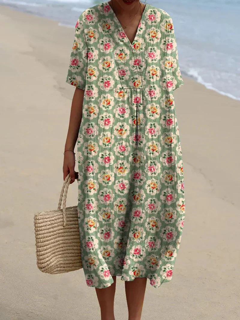 Eulállia - Vestido Floral Retro em Verde Água